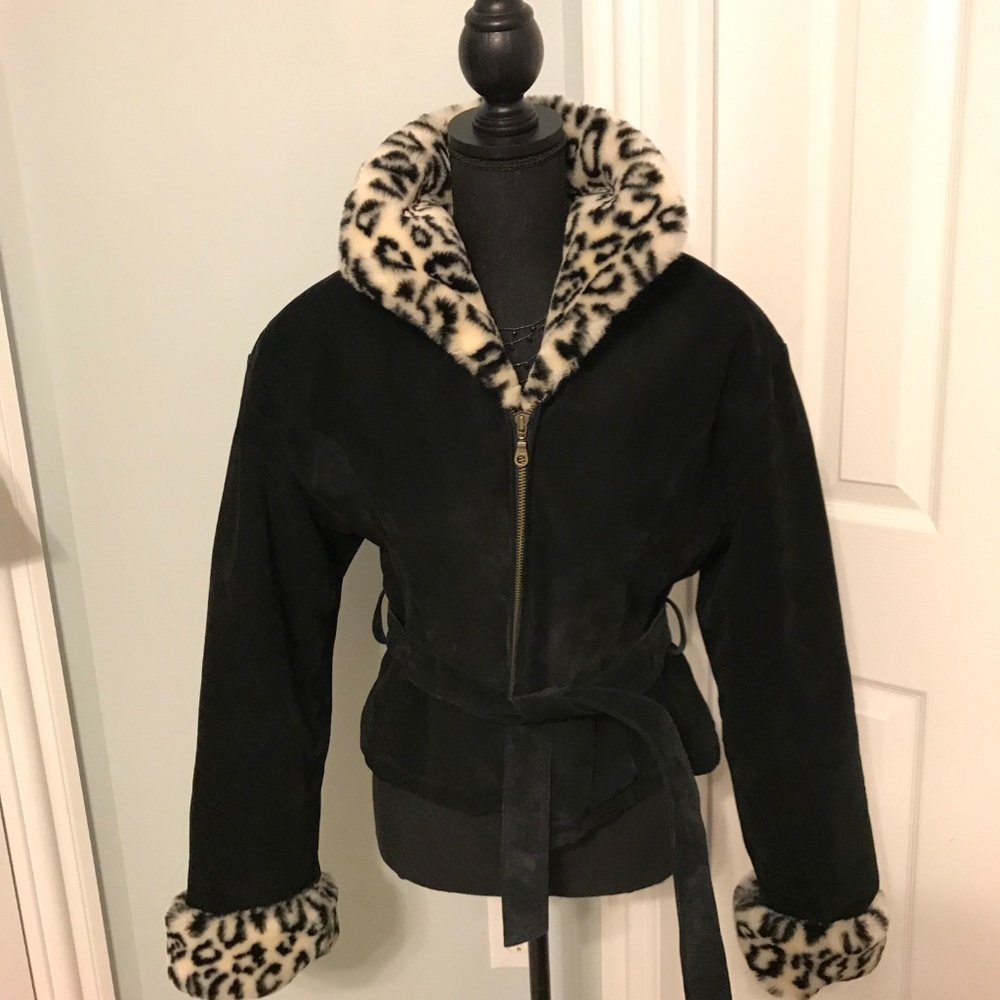 Black Suede w/Faux Leopard Trim Jacket